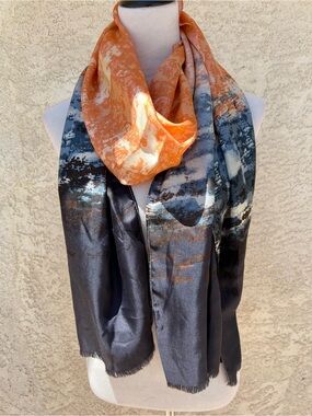 CHICOS 100% SILK SCARF ORANGE NAVY BLUE CREAM WATERCOLOR